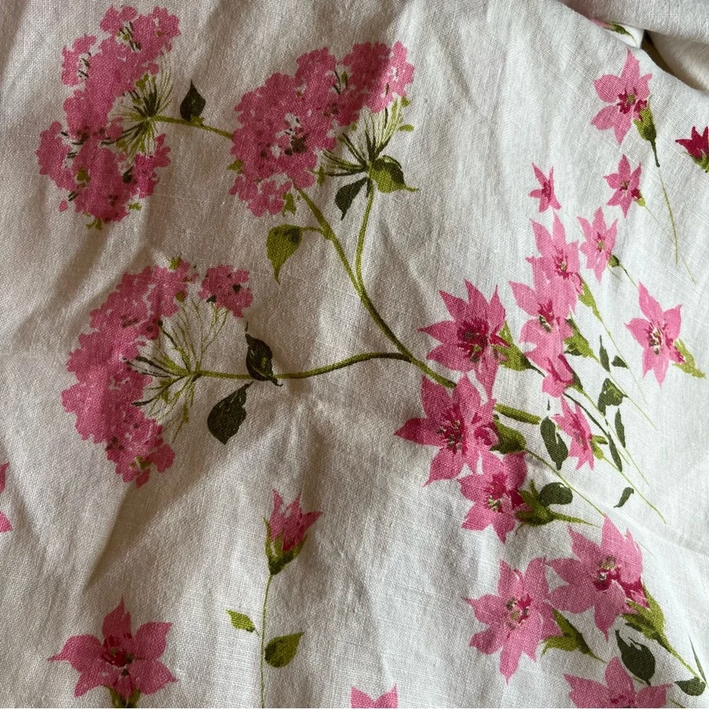 Vintage Linen Square Tablecloth with Pink Flowers